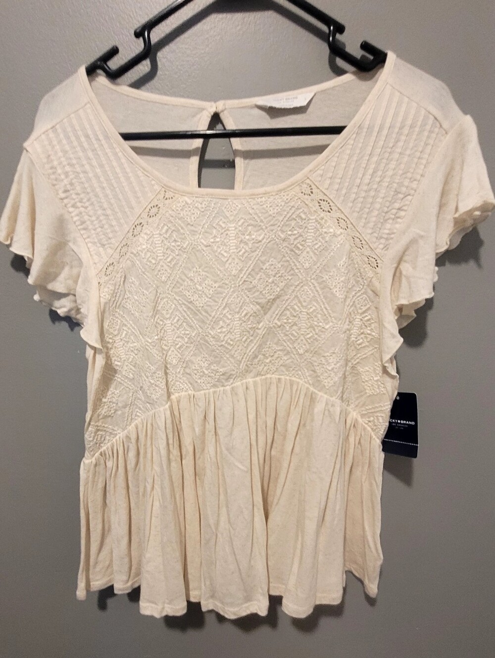 Nwt $80 Lucky Brand Women's Cream Lace-Front Flutter Sleeve Babydoll Top Sz L